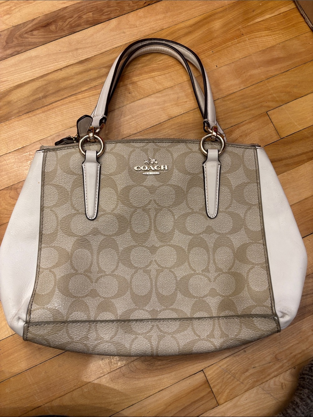 Coach Beige Signature Canvas Shoulder Tote with White Trim